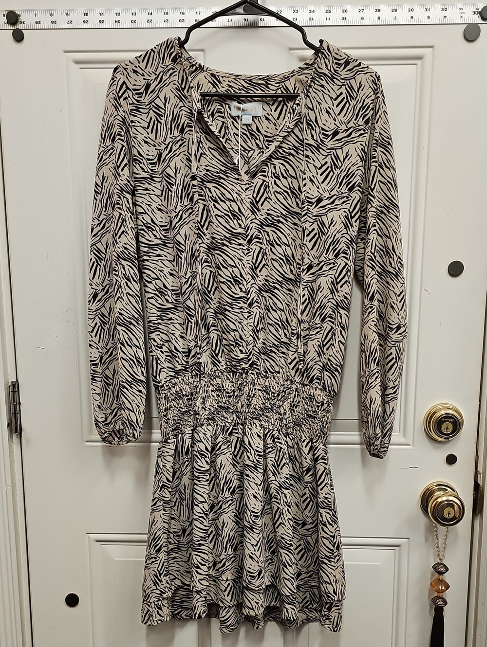 Veronica M Black and Cream Printed Smocked Mini Dress